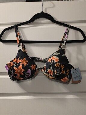 Shade & Shore Black Floral Underwire Bikini Top with Orange & Purple Blooms